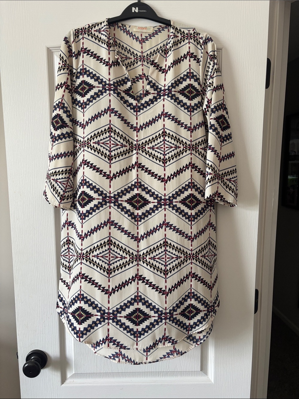 Women's Cream Geometric Dress with Navy and Burgundy Pattern